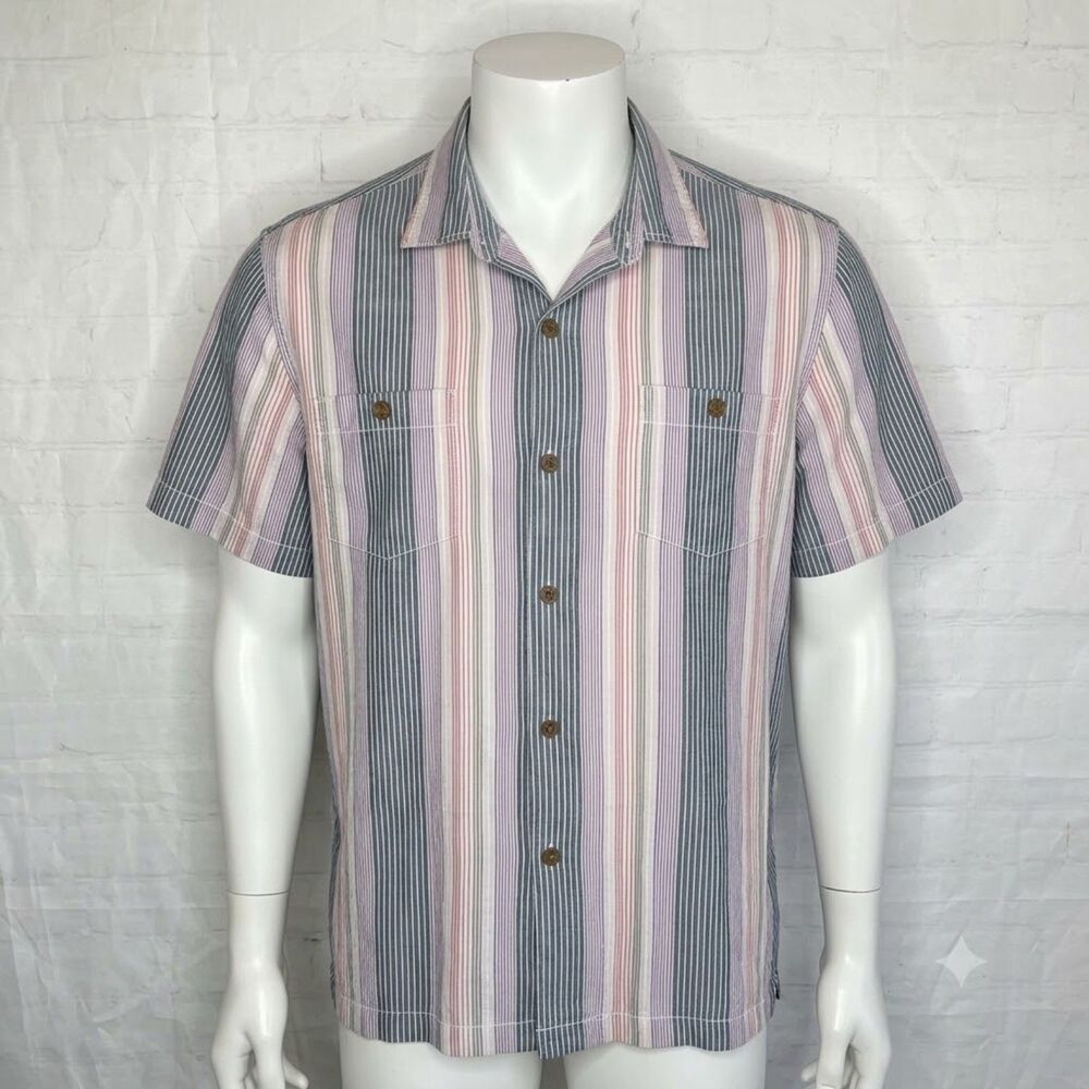 Tommy Bahama Silk Button Up Shirt Mens XL Blue Striped Short Sleeve Camp Shirt